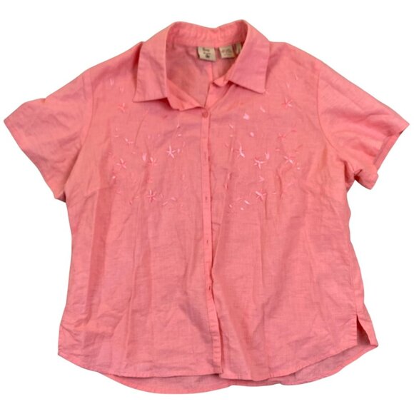 Quizz Again Women's Blouse L Linen/Cotton Blend Pink Short Sleeve Embroidered Bu - Picture 1 of 9